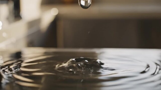 Close up of water dripping from a modern faucet into a pool creating splashes and ripples