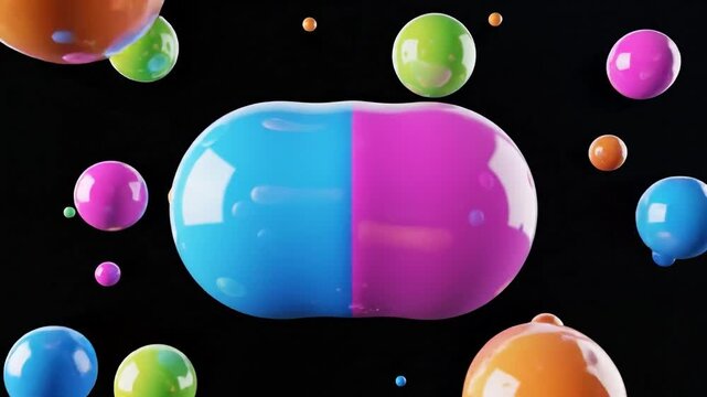 Colorful 3D liquid blobs morphing and merging organically against a black background