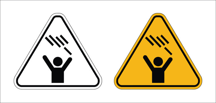 Falling objects warning sign icon with overhead hazard symbol for industrial safety, construction warning, workplace protection, and risk prevention vector, designs