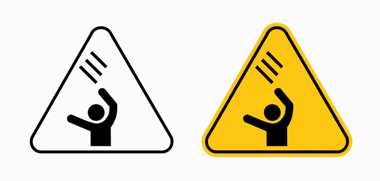 Falling objects warning sign icon with overhead hazard symbol for industrial safety, construction warning, workplace protection, and risk prevention vector, designs