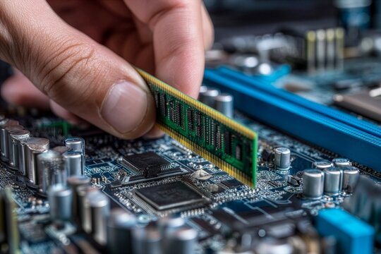 Close up of a hand installing a RAM memory module into a computer motherboard