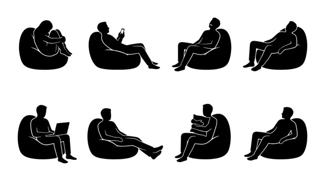 Modern Silhouette Icons: Diverse Poses on Bean Bag Chairs, Relaxing Activities, Minimalist Black Vector Set for Lifestyle and Comfort Concepts