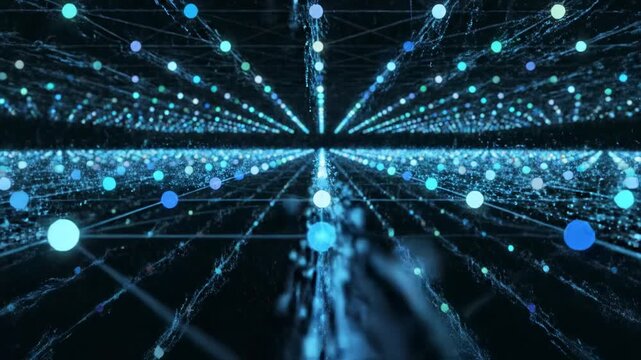 Abstract digital network visualization with glowing blue particles and connecting lines creating a sense of infinite depth, data flow, and technology