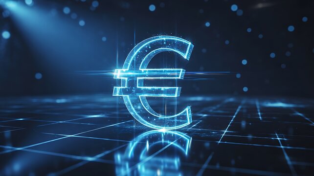 Glowing euro currency symbol representing European economy and digital finance technology