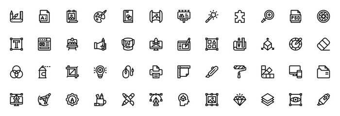 Graphic Design icon set. Minimal vector icons pack. Includes symbols for Swiss army knife, illustration, poster, paint, book, mapping, billboard, magic tool and more. © wang
