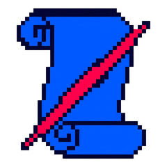 Obraz premium Pixel Art Illustration of a Vibrant Blue Paper Scroll with a Striking Red Quill Pen Symbol for Digital Documentation