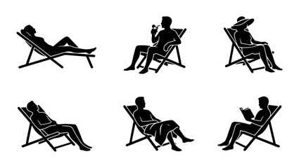 Relaxing Silhouettes Collection: Diverse Poses of People Lounging on Deck Chairs, Vector Icons for Leisure and Vacation Themes © parvin