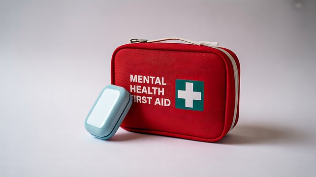 Mental health first aid kit with medicine and emergency support concept