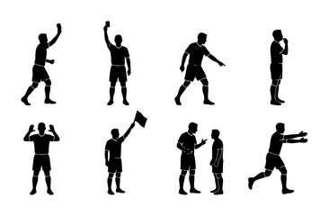 Obraz premium Soccer Referee Silhouettes, Football Official Actions, Sports Game Signals, Refereeing Gestures, 8 Vector Icons Set