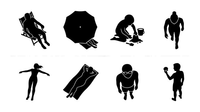 Top-Down Silhouette Icons: Beach & Summer Activities, 8 Vector Elements for Leisure and Recreation Design