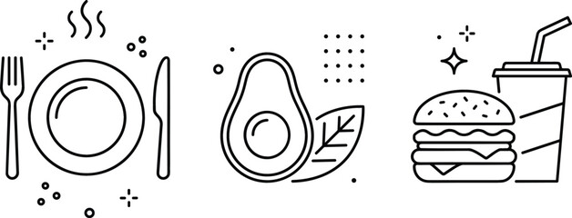 Food and dining vector line art icon set featuring hot plate with fork knife avocado burger and drink. © Upload done 