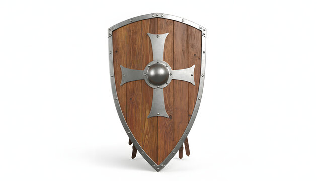 Medieval wooden shield with metal cross.