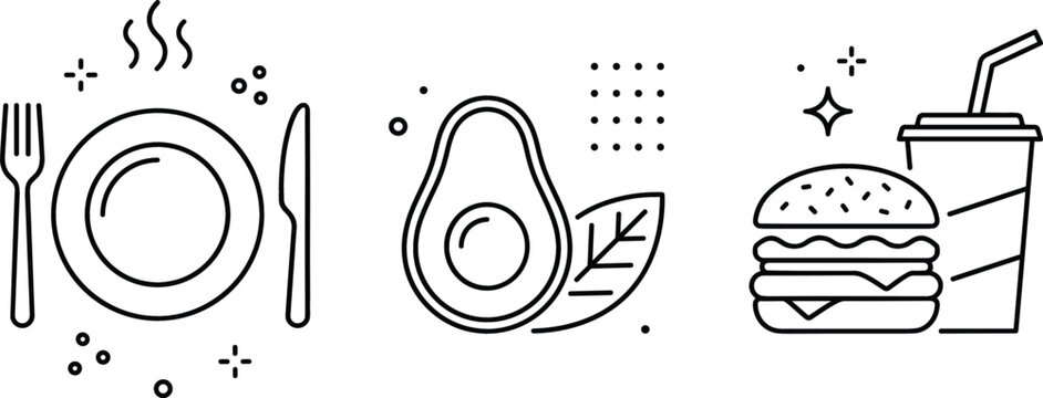 Food and dining vector line art icon set featuring hot plate with fork knife avocado burger and drink.