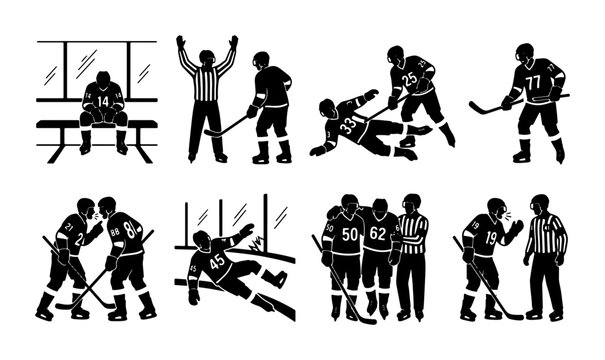 Ice Hockey Action Silhouettes: Player Fouls, Referee Calls, and Game Moments Vector Set