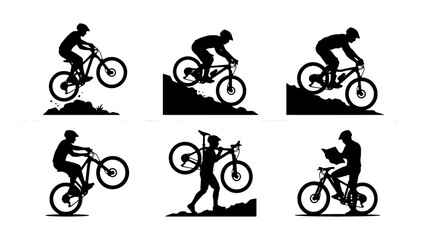 Obraz premium Mountain Biking Silhouettes: Action Poses, Rider Carrying Bike, and Trail Riding Vector Icons Set, Black and White Graphic Elements for Extreme Sports and Adventure Design