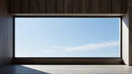 Fototapeta premium Expansive window framing a clear blue sky in a minimalist room