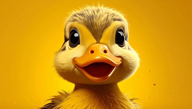 Adorable cartoon duck character close-up with large expressive eyes on a bright yellow background
