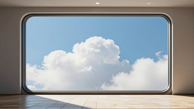 Vast Blue Sky with Fluffy Clouds Seen Through a Window