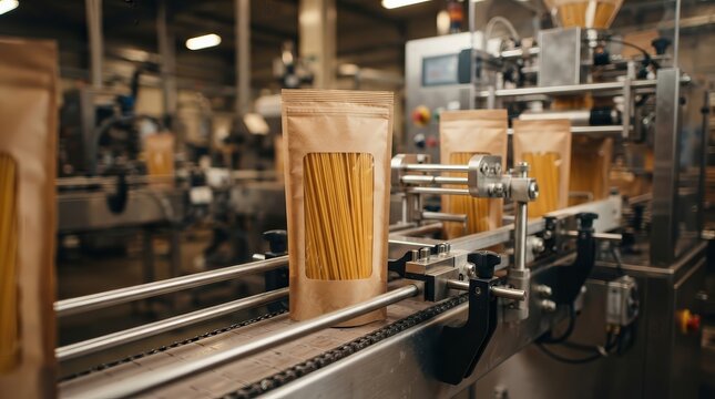Modern pasta packaging process in a high-tech food factory.
