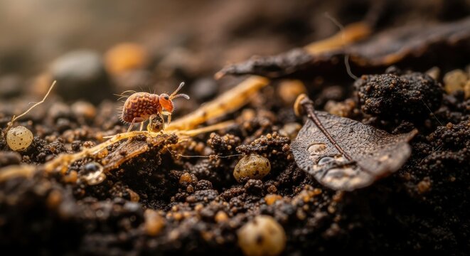 Tiny Springtail Insect Crawling on Soil Surface in Macro Detail