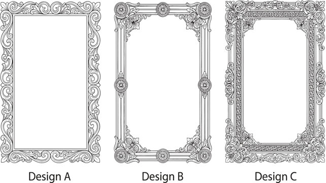 Vintage Ornamental Picture Frame Set with Baroque Carved Border Designs A, B, and C