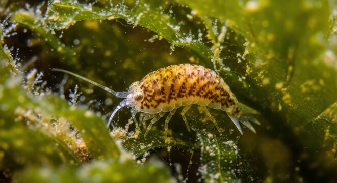 Tiny Striped Amphipod Crustacean Amongst Green Underwater Flora