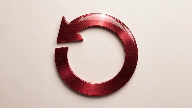 Red circular arrow refresh symbol on a neutral background, depicting a metallic brushed texture with glossy reflections, ideal for concepts of reload, undo, or repeat actions in digital interfaces