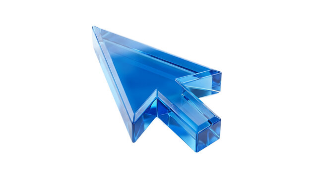 A glossy blue glass computer mouse cursor arrow icon, symbolizing digital navigation, user interface design, and internet technology isolated on transparent background