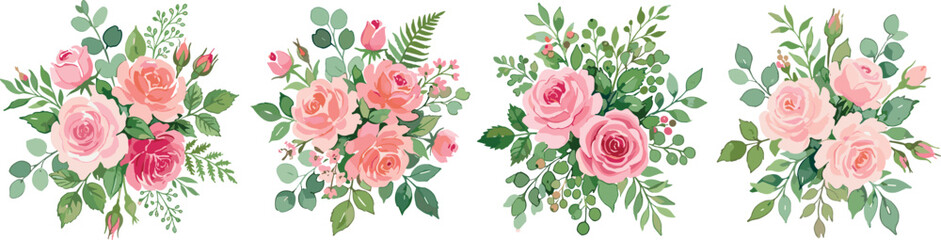 Watercolor vector botanical illustration set of four round pink rose flower bouquets with dense green leaves and eucalyptus isolated on white background © MstBizly