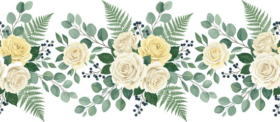 Watercolor vector botanical seamless border illustration featuring elegant white and yellow rose flowers green eucalyptus branches and fern leaves on white background © MstBizly