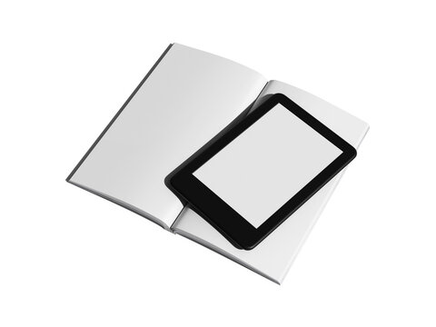 Black e reader tablet on open book mockup