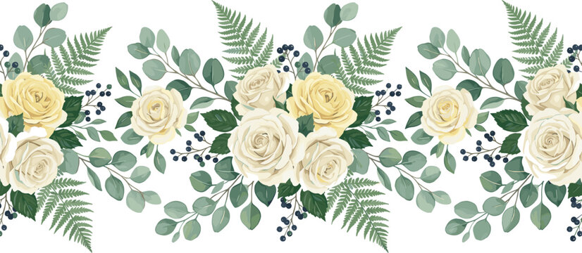 Watercolor vector botanical seamless border illustration featuring elegant white and yellow rose flowers green eucalyptus branches and fern leaves on white background
