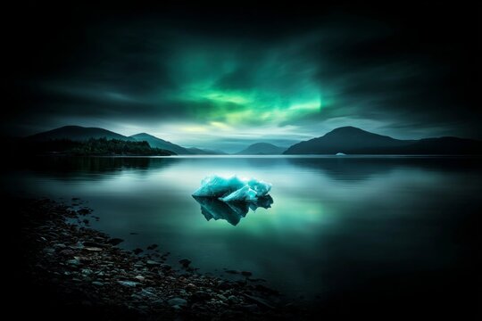 Frozen majesty and the northern mysteries of greenland's fjords. Newsworthy image. A serene twilight scene of an iceberg in greenland's fjord with subtle aurora. Daily life. Human touch.
