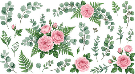 Watercolor vector botanical collection of pink rose flowers flower buds eucalyptus branches and green fern leaves design elements isolated on white background © MstBizly