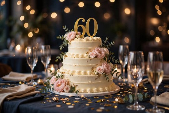 Elegant 60th birthday celebration cake with golden number topper, pink floral decorations, and gold confetti on a festive dark blue table setting with bokeh lights.