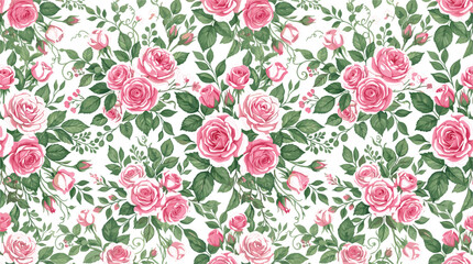 Watercolor vector botanical seamless pattern background filled with blooming pink rose flowers dense green leaves and climbing vines on white backdrop © MstBizly