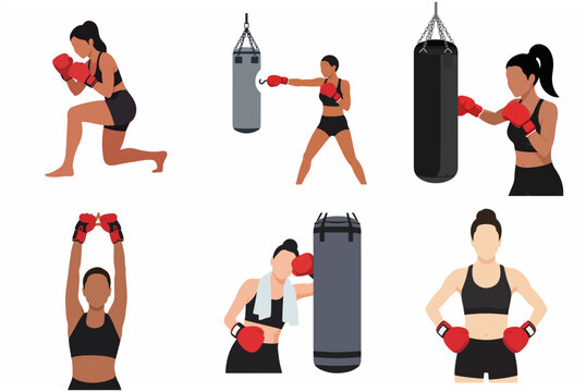 Set of flat vector illustrations featuring women boxing and training with heavy bags, female fighters in various poses, sports and fitness workout collection