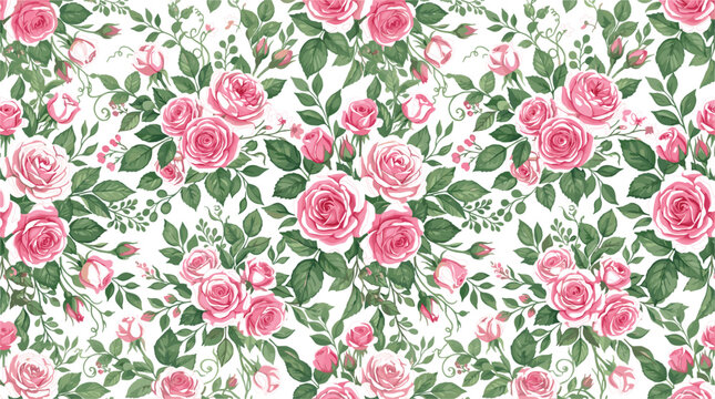 Watercolor vector botanical seamless pattern background filled with blooming pink rose flowers dense green leaves and climbing vines on white backdrop