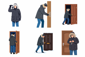 Set of illustrations of a man in a winter parka opening a house door with keys and entering his home in the cold weather. © Peony02