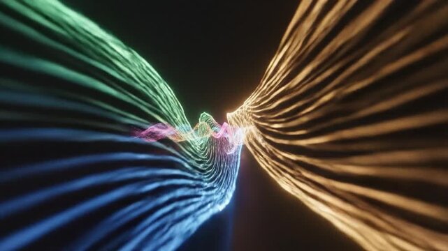 Colorful glowing light particles forming fluid waves moving through dark space in a rhythmic motion