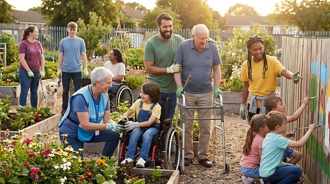 Diverse group of people of all ages and abilities gardening and painting together outdoors