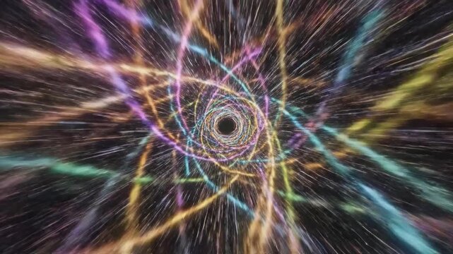 Colorful glowing light trails moving through a dark cosmic tunnel in a dynamic abstract animation