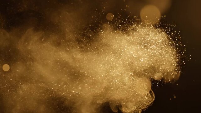 Golden dust particles exploding and swirling in dark space, shimmering glitter clouds with bokeh effect, celebration and magic atmosphere