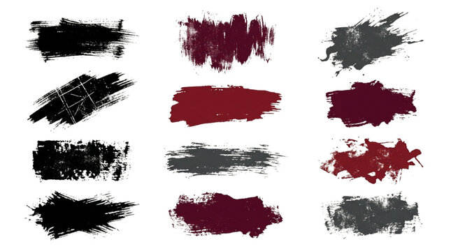Chalky black and burgundy distressed ink paint texture swatches vector set