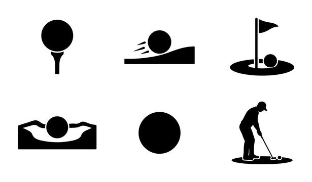 Golf Icons Set: Ball on Tee, Rolling Ball, Putting Green, Bunker Shot, Golf Ball, Golfer Swinging, Vector Graphics for Sports and Recreation