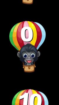Cartoon Animals in Numbered Hot Air Balloons Falling on Black Background