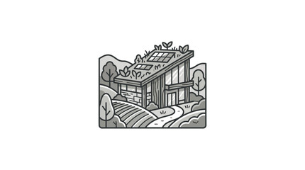 Obraz premium Creative Isometric Sketch of Modern Eco Friendly House with Solar Panels and Green Roof in Minimalist Style