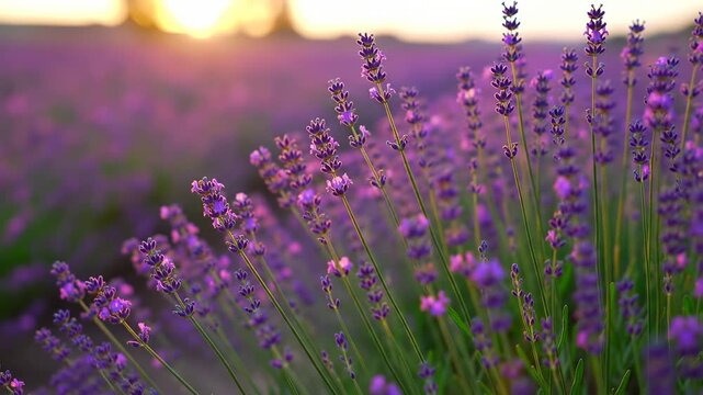 Soft focus field of purple lavender flowers at sunset, warm golden light, gentle breeze, serene nature background, tranquil summer atmosphere