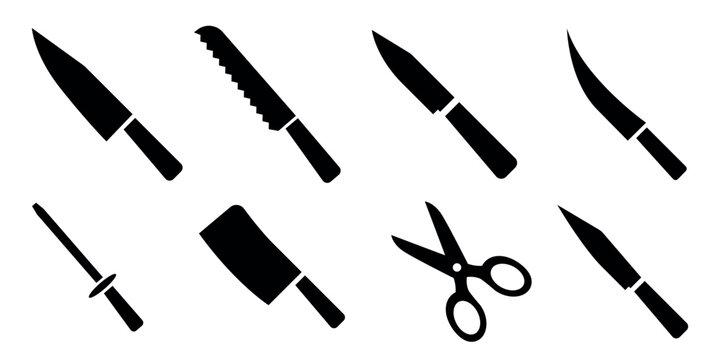 Knife set icons, chef cleaver blade scissors bundle
