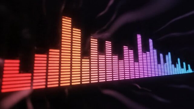 Colorful neon audio spectrum bars jumping to the beat of music on a dark background